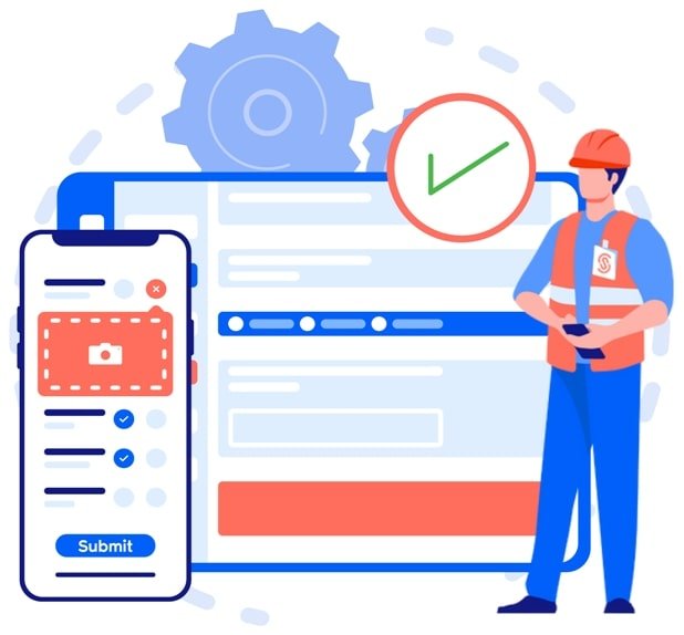 digital isgott and ship shore checklists platform and app graphics with workers holding a phone for fillip up ship shore checklists digitally