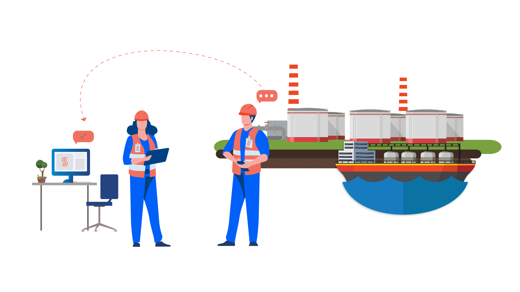 smartflow tank storage terminal graphic with ship arriving at the terminal. in the front two workers filling up ship shore checklists digitally on the smartflow app
