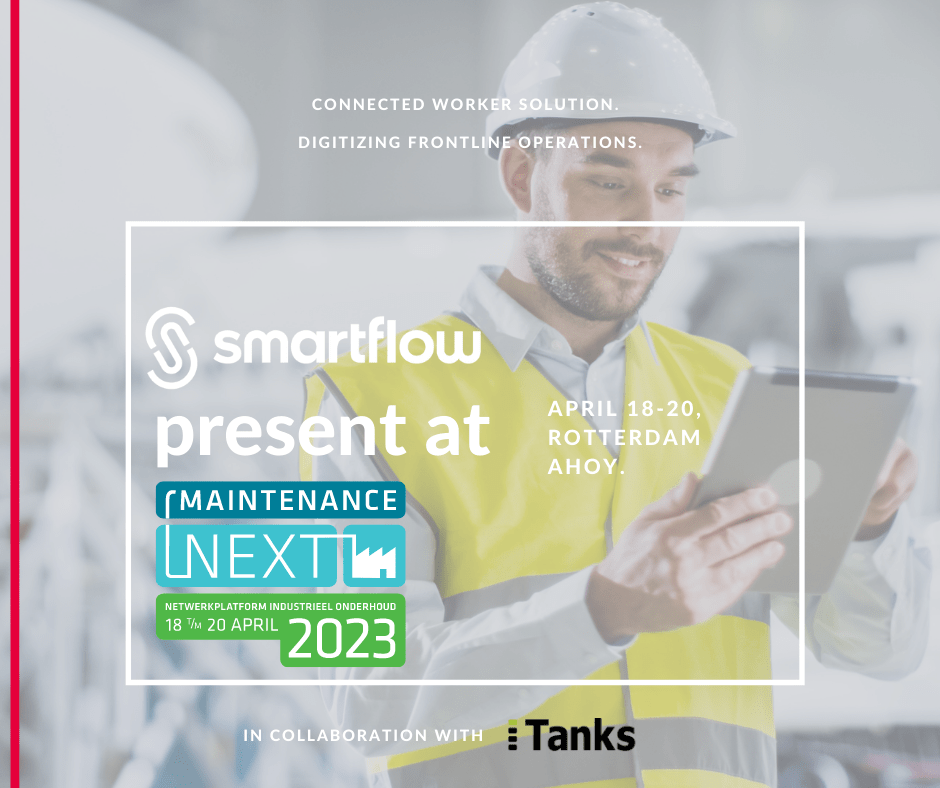 event banner depicting smartflow logo, maintenance next logo and itanks logo and an operator performing inspections using a rugged tablet and the smartflow solution