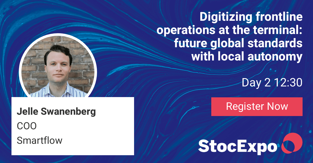 event banner with picture of Jelle Swanenberg coo smartflow speaking at stocexpo