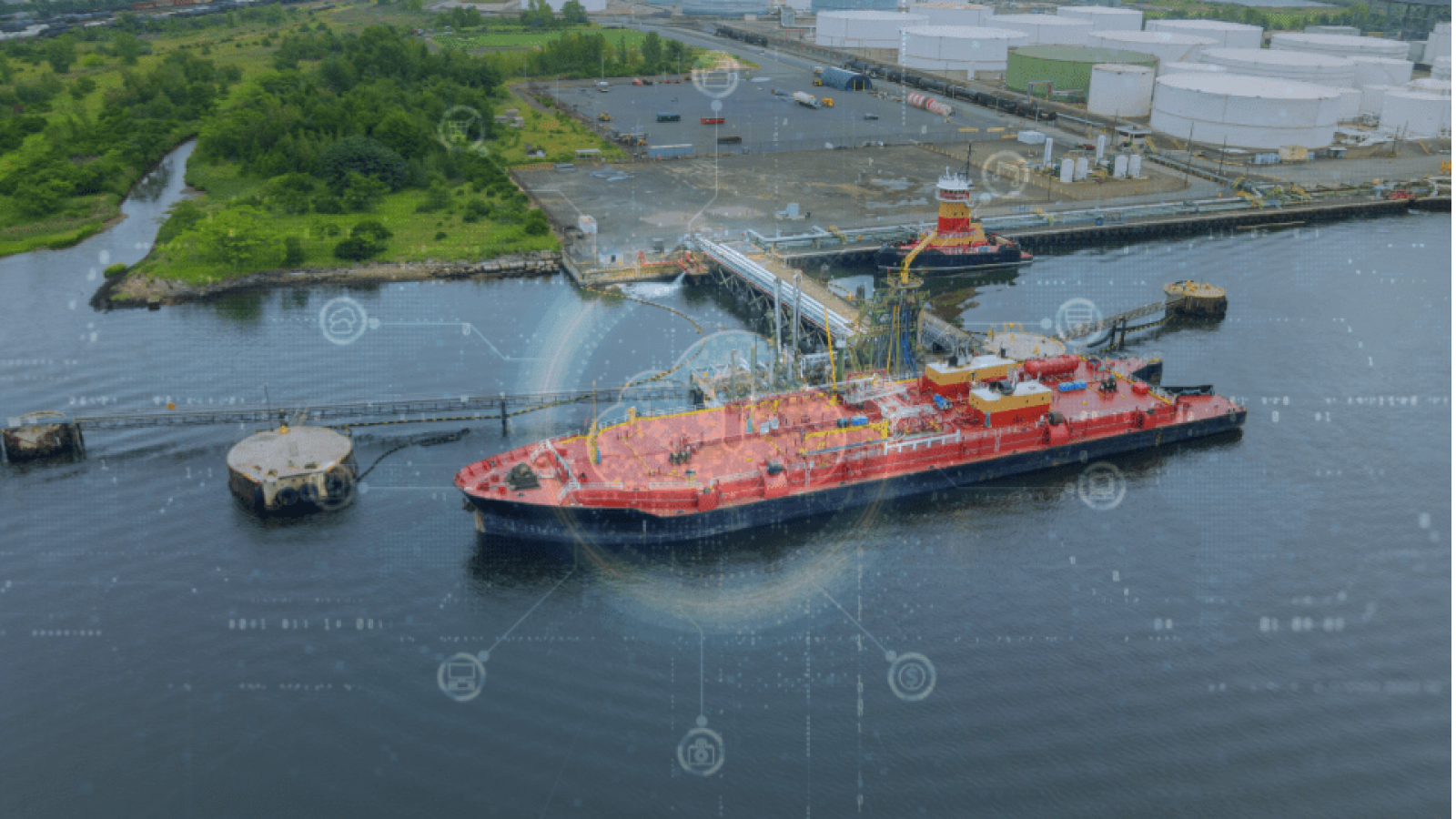 tanker arriving at oil and gas tank storage terminal